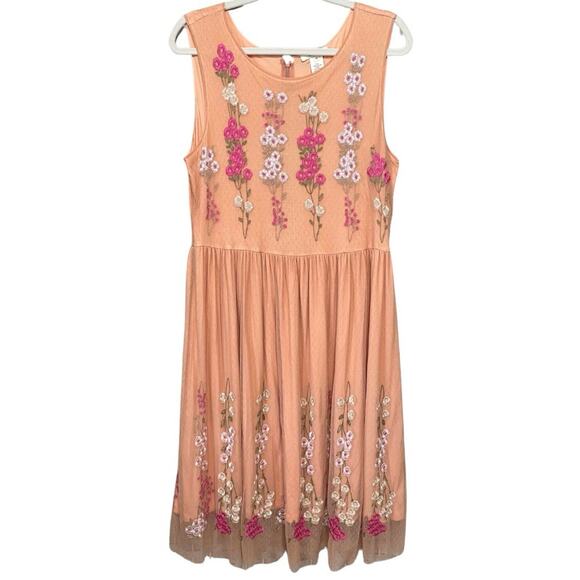 Sundance Dresses & Skirts - Sundance Tender Moments Dress Size 10 Peach Mesh Embroidered Flowers Sleeveless